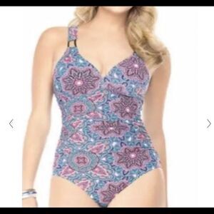 Love your Assets swimsuit medallion print tummy coverage SZ XL One piece pink